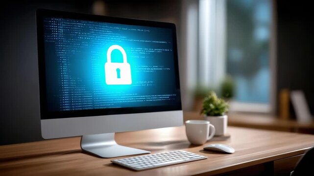 Secure desktop computer monitor displaying data security lock icon glowing desk for modern