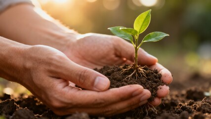 Fototapeta premium Warmly Lit Image of Hands Cupping a Tiny Green Plant or Sprout in Rich Soil, Emphasizing New Life, Hope, and a Bright Future.