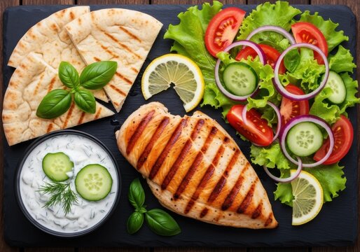 Grilled chicken breast with pita bread salad tzatziki sauce and lemon slices a dark slate platter