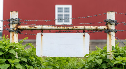 Rustic barbed wire fence and blank sign with vibrant green plants
