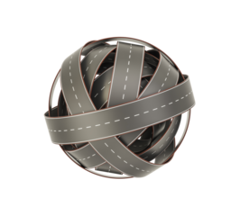 Roads in a Sphere: An artistic display of interconnected roads wrapped around a spherical shape, symbolizing global networks and transportation, with the lines leading to endless destination