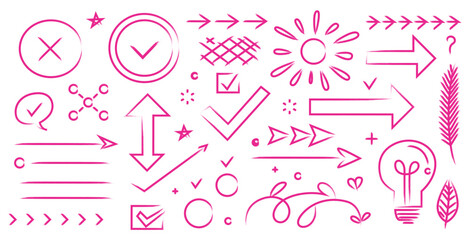 Collection of hand drawn pink doodle elements checks arrows and creative symbols