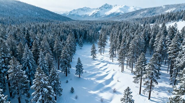 Serene Aerial View of a Dense Evergreen Pine Forest Covered Completely in White Snow, Creating a Blanket of Winter Tranquility and Cold.