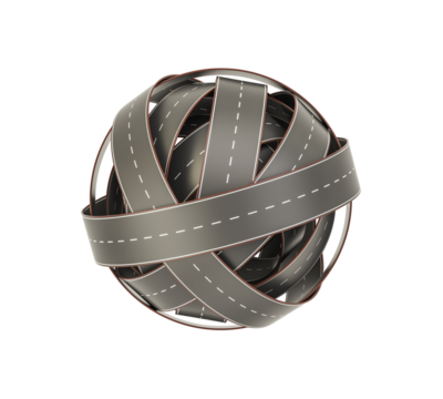 Roads in a Sphere: An artistic display of interconnected roads wrapped around a spherical shape, symbolizing global networks and transportation, with the lines leading to endless destination