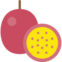 Whole Round Purple Passion Fruit With One Half Slice Showing Juicy Yellow Interior And Seeds Isolated On White Background Clean Flat Icon Graphic Illustration