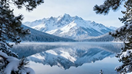 Spectacular Reflection of Snow-Capped Alpine Mountains on the Calm, Crystal-Clear Surface of a Tranquil Lake or Pond during Winter Morning.