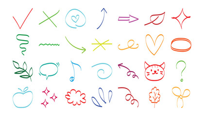Collection of colorful hand drawn abstract symbols and icons