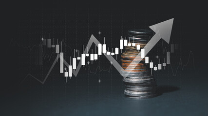 Finance concept increase interest rate or dividend investment mortgage. Stack of silver coins with up arrow, stock market and financial growth graph.