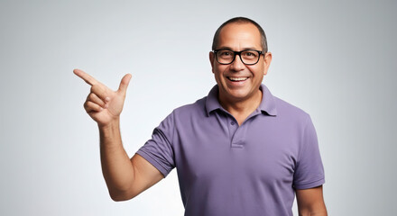 Cheerful Adult Hispanic Man in Glasses, Smiling Broadly While Pointing Sideways.