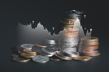 stock market and financial growth graph on a pile of coins with trading charts Finance concept.