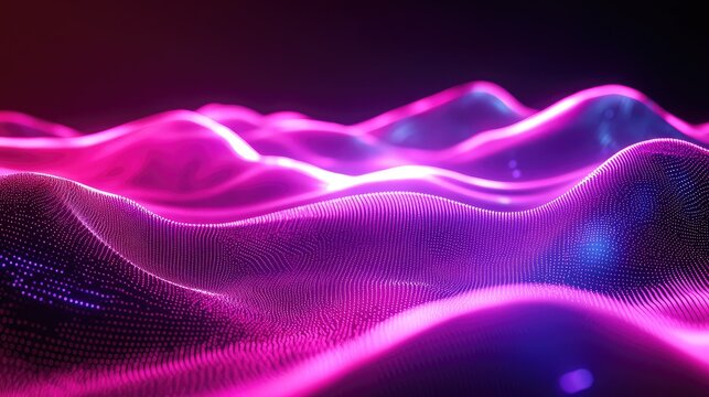 Abstract glowing pink and purple digital wave particles