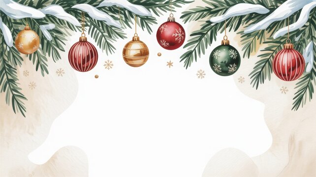 Stylized holiday layout with red, gold, and blue ornaments — perfect for greeting card design.