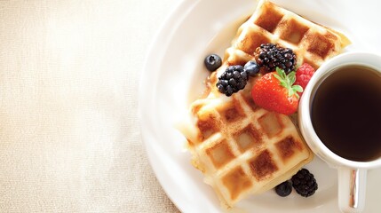 highangle. A delicious breakfast spread featuring waffles, berries, and coffee from a high-angle view. menu design, packaging mockups, designed for food delivery and cloud-kitchen brand materials.