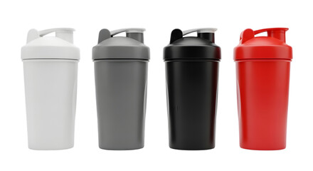 Collection of colorful protein shaker bottles for fitness and workout