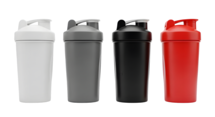 Collection of colorful protein shaker bottles for fitness and workout