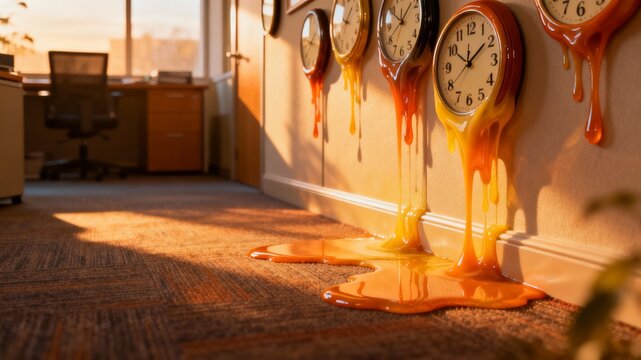 Melting clocks dripping onto the office floor in a surreal representation of distorted time and workplace pressure - Powered by Adobe