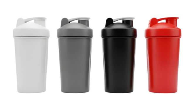 Collection of colorful protein shaker bottles for fitness and workout