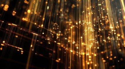 Golden light lines moving particle data visualization
