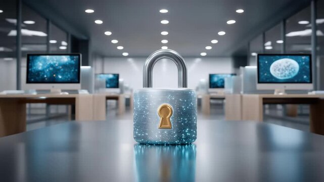Secure padlock glowing with data security elements office computer network desk protecting digital
