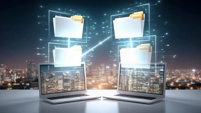 Secure data transfer between laptop computers and computer network with glowing folder icons city
