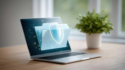 Secure data folder protection laptop screen with glowing shield symbol showing digital security - Powered by Adobe