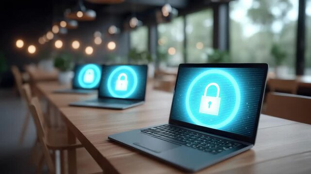 Data security laptop lock icon glowing office computers secure laptop network cybersecurity