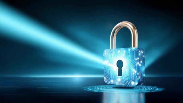 Secure padlock glowing circuit pattern protects data security digital technology futuristic blue