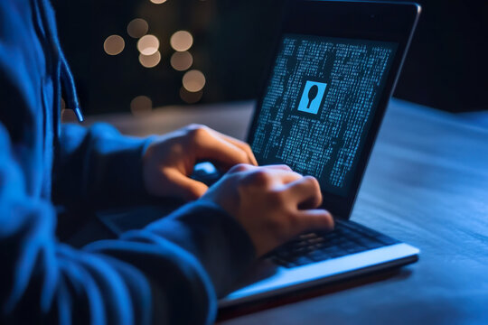 Person types code with security key on laptop in blue light atmosphere