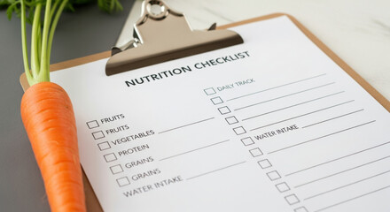 Focused nutrition checklist on clipboard with fresh carrot for healthy diet plan. This tool great for wellness counseling to track daily food and water intake