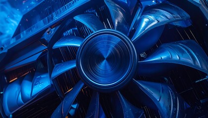 Close-up of a blue-lit computer component, focusing on a fan