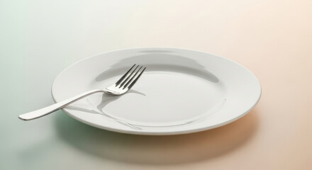 Lonely empty plate with silver fork on table. sad meal for diet representing nutrition counseling and strict weight loss plan for health and wellness