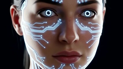 Futuristic Humanoid Face with Glowing Circuitry and Cybernetic Eyes. - Powered by Adobe
