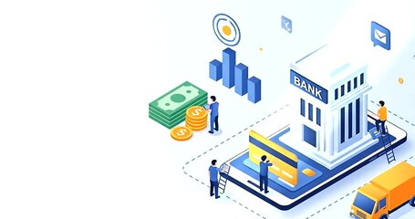 Isometric illustration of a bank building on a smartphone, symbolizing digital banking and financial services, with elements like cash, coins, credit card, and delivery truck - Powered by Adobe