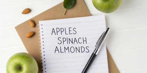 Healthy nutrition plan with apple spinach and almond. grocery list for diet counseling showing healthy food for wellness and clean eating lifestyle on white table