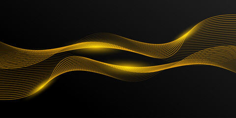 Abstract luxury with shining gold lines waves on black background. Futuristic background of flowing gold lines for banner, poster, cover, brochure, flyer, website