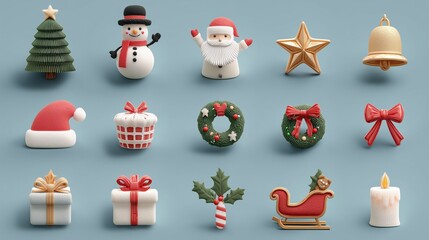 A charming and comprehensive collection of 3D rendered Christmas icons, presented in a clean, soft, and slightly cartoonish style.  