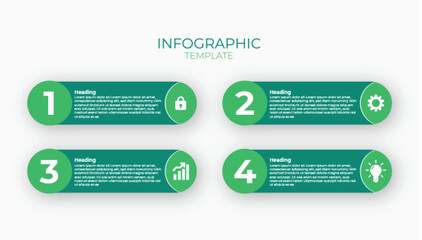 4-Step Green Capsule Infographic Template. Numbered list for security, configuration, growth metrics, and creative ideas. Modern presentation slide
