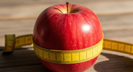 Red apple with yellow measuring tape symbolizes healthy diet and weight loss plan. Good nutrition and professional counseling for balanced lifestyle and wellness goal