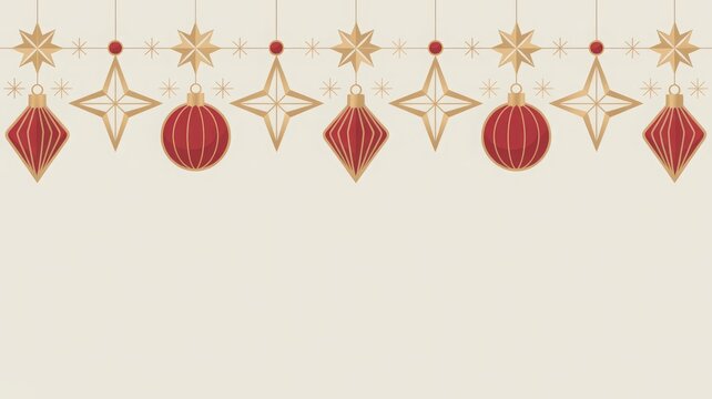 Top holiday frame featuring suspended Christmas decorations, including striped red balls, gold stars, and circular accents — perfect for Christmas printables.