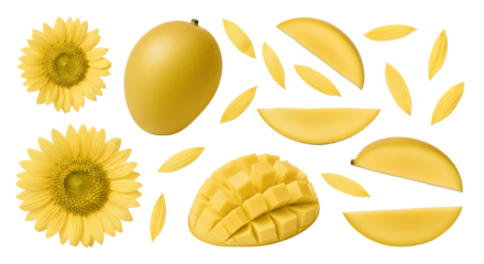 Bright Yellow Sunflowers and Sliced Mango Still Life Composition