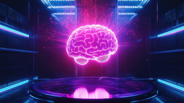Artificial intelligence brain glowing in digital data environment