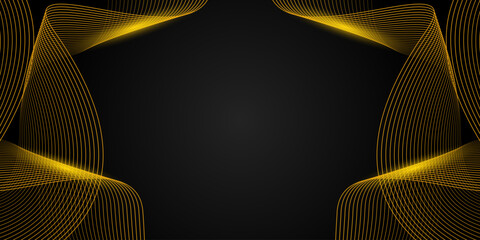 Abstract luxury with shining gold lines waves on black background. Futuristic background of flowing gold lines for banner, poster, cover, brochure, flyer, website