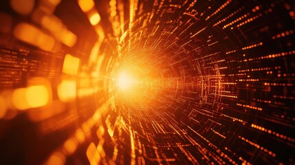 Digital data moving inside abstract orange technology tunnel