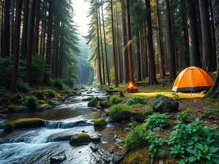 Forest stream campsite, serene nature immersion, camping,  adventure