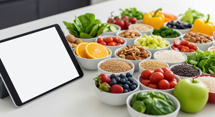 Digital tablet with blank screen for nutrition plan and diet counseling. Healthy food in bowls for wellness and fresh balanced meal with fresh organic ingredient