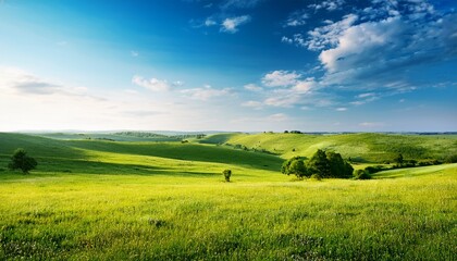Obraz premium beautiful countryside in ukraine europe summertime nature photo of lush green pastures and clear blue sky explore earth s beauty copy space image place for adding text or design