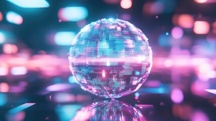 Digital sphere rotating with glowing neon abstract data