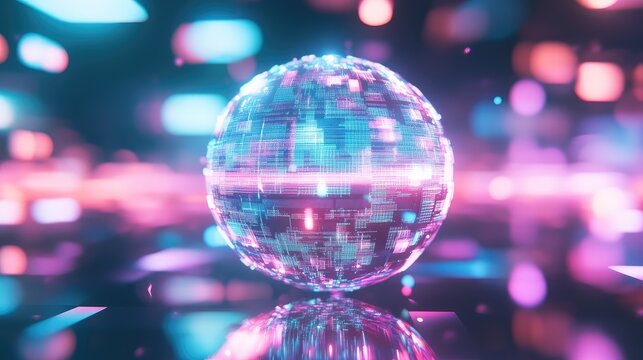 Digital sphere rotating with glowing neon abstract data