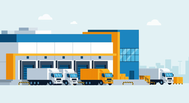 Flat vector illustration of logistics warehouse building with truck loading zone.