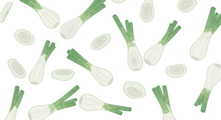 Scattered pattern of fresh green onions and their sliced cross-sections on a light background